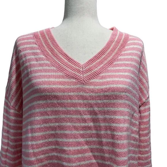 Talbots Sweater 1X Women's Pink & White Striped V-Neck Linen Cotton Longsleeve - Picture 7 of 9